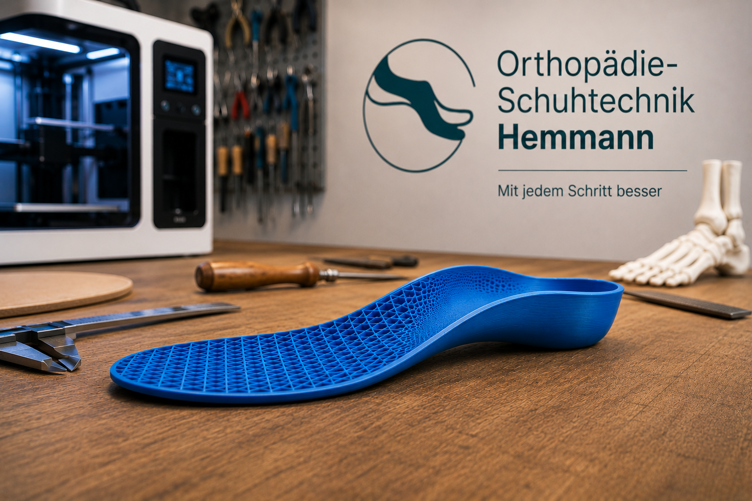 Blaue 3D-gedruckte orthopädische Einlage in der Werkstatt von Orthopädie-Schuhtechnik Hemmann in Eisenach